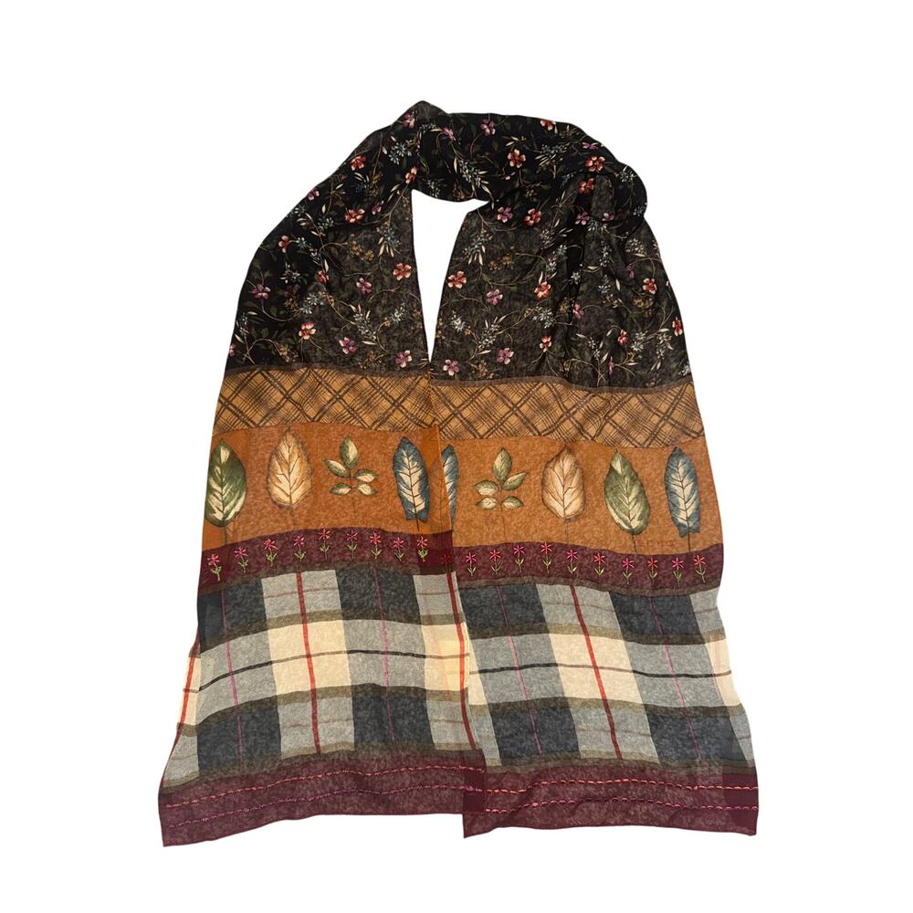 Vintage Echo Chiffon Embroidered Scarf Flowersโ Plaid Leaves Autumn Fall